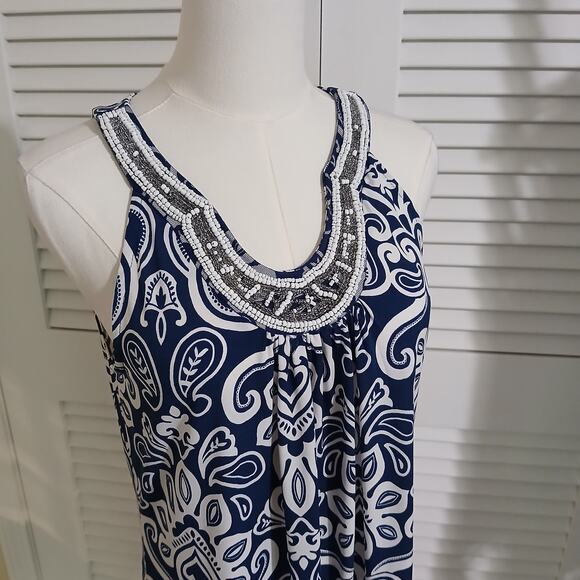 Apt 9 Small Halter Style Beaded Rounded-v-Neck Royal Blue White paisley A-line - Picture 6 of 15